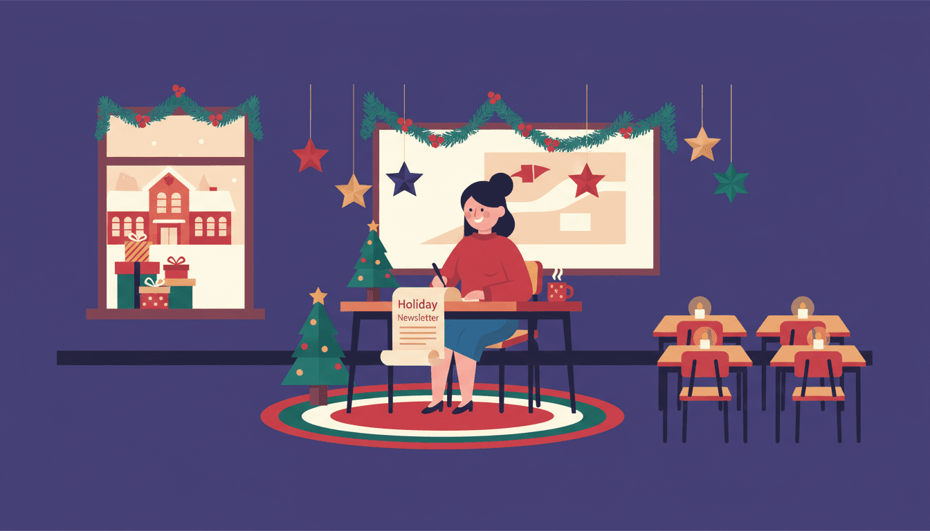 Teacher at a desk writing a December newsletter on a laptop, a classroom with seasonal decorations visible in the background