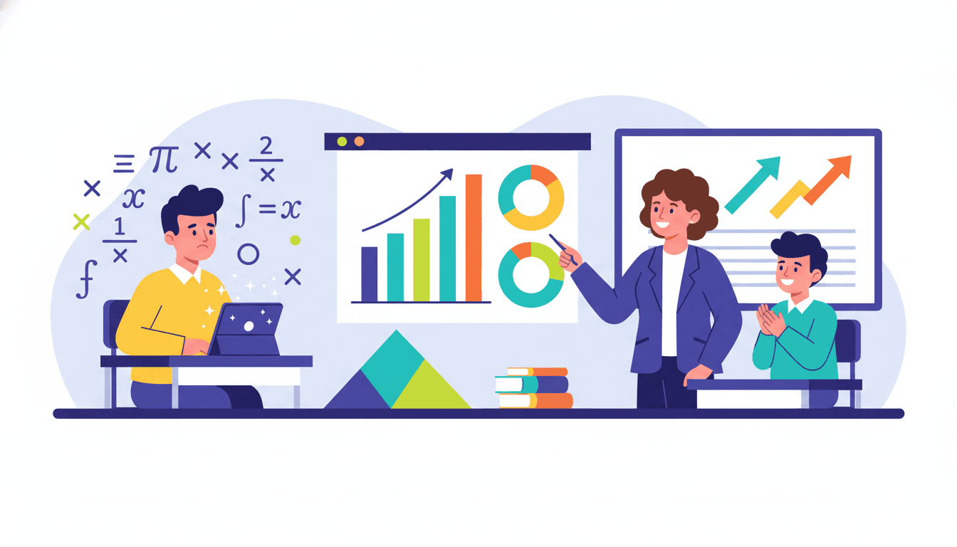 Teacher pointing to a math problem on a whiteboard while a parent watches during a classroom observation