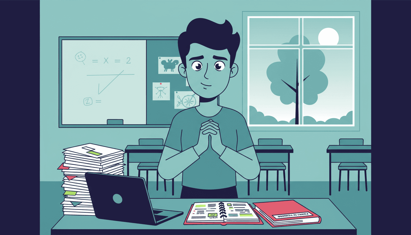 New teacher sitting across a table from a parent in a school conference room, notes and student work spread between them