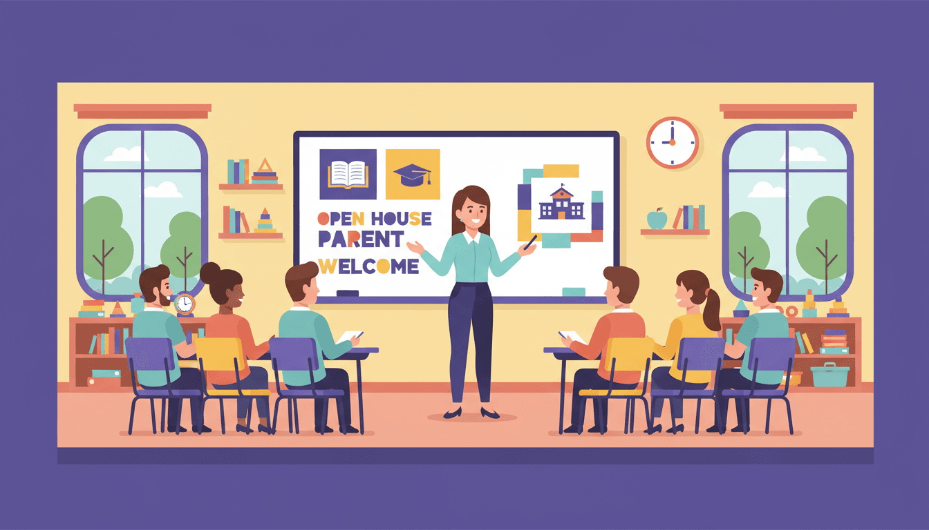 New teacher standing at the front of a classroom during back-to-school night, parents seated in student desks with handouts