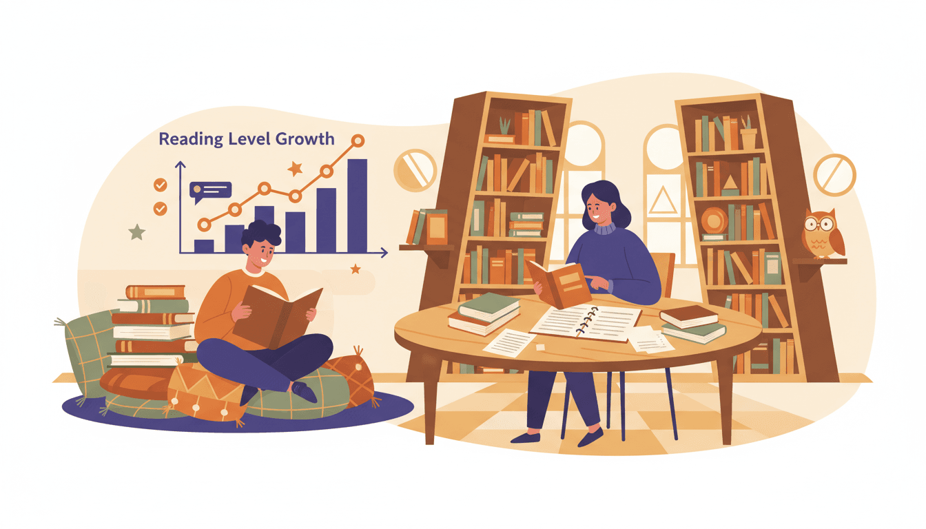 Elementary teacher sitting beside a student with a book open, pointing to text while the student reads aloud