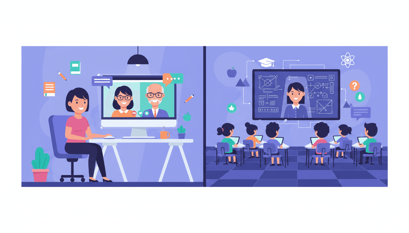 New teacher at a home desk with a laptop open showing a virtual classroom call, a school newsletter template visible on a second screen