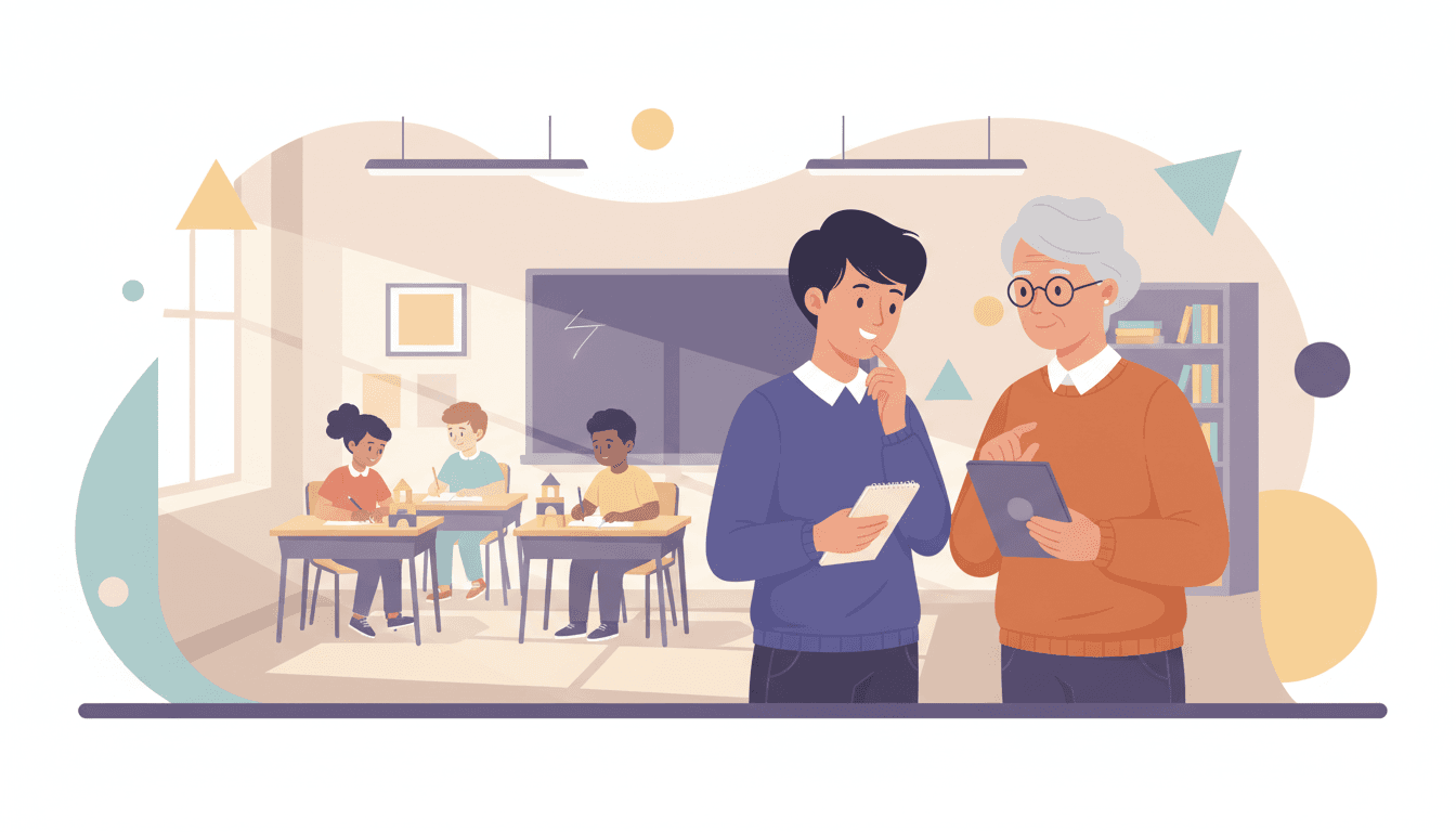 Student teacher writing a parent introduction letter at a classroom desk, mentor teacher visible working in the background