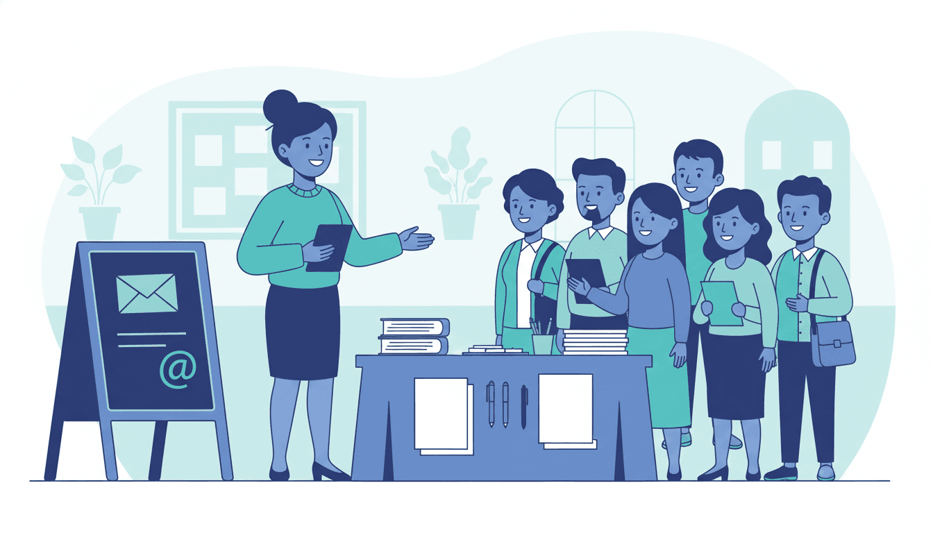 A teacher at a back-to-school night table with a sign-up sheet for the classroom newsletter