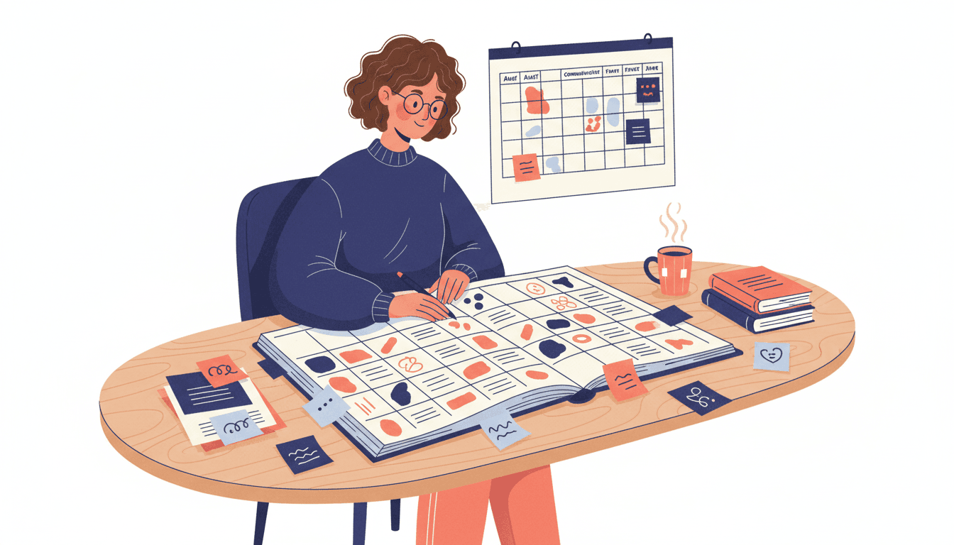 A teacher at a desk with a communication plan on paper, calendar on the wall, and laptop open