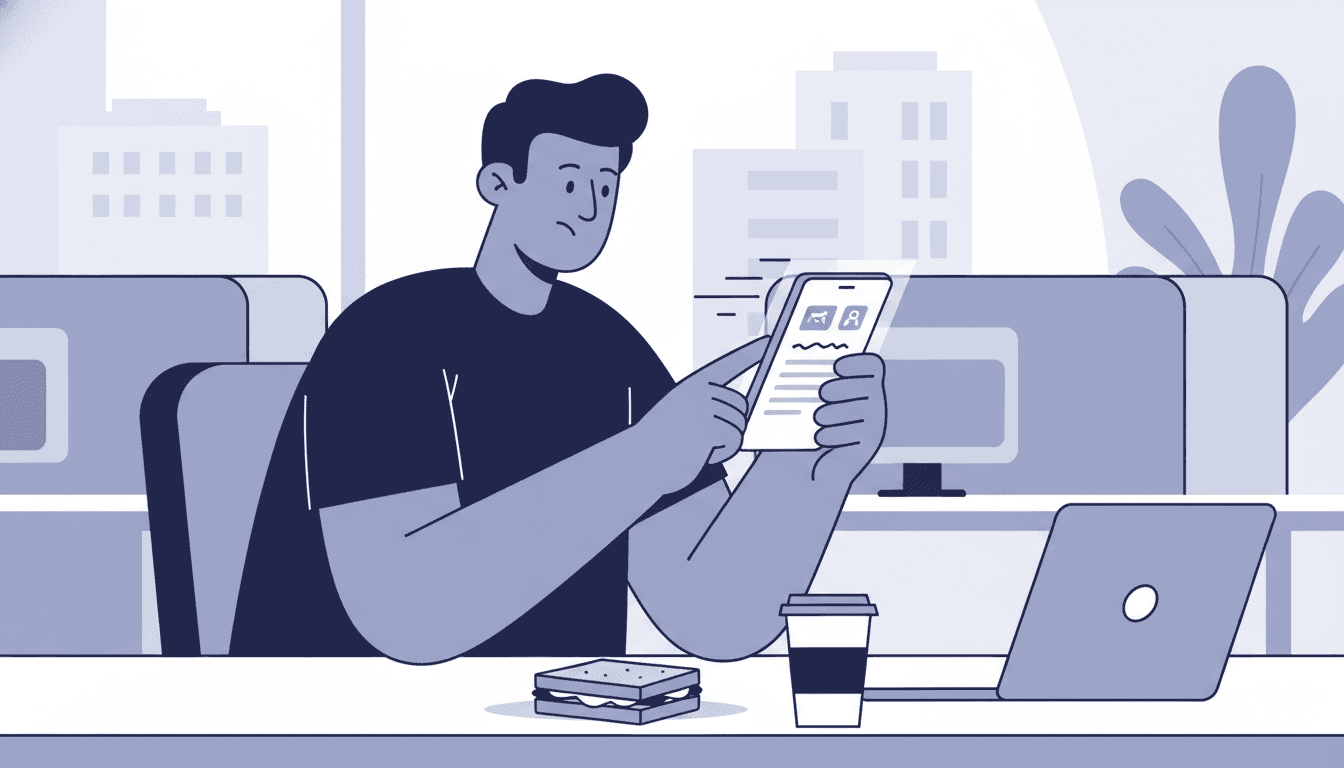 A parent in work clothes quickly reading a school newsletter on their phone during a short break