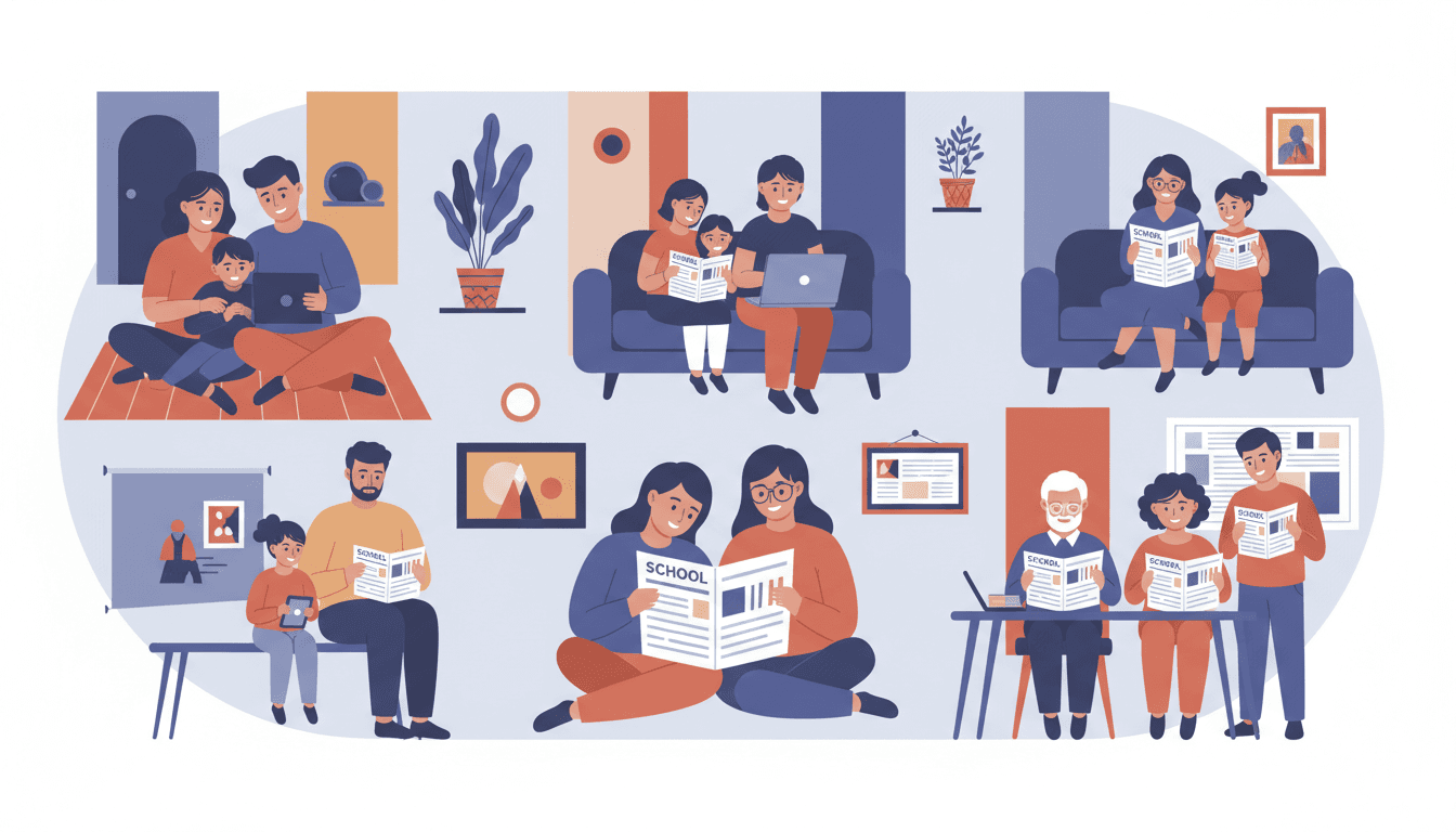 A diverse group of parents of different backgrounds reading school communication, including printed and digital formats