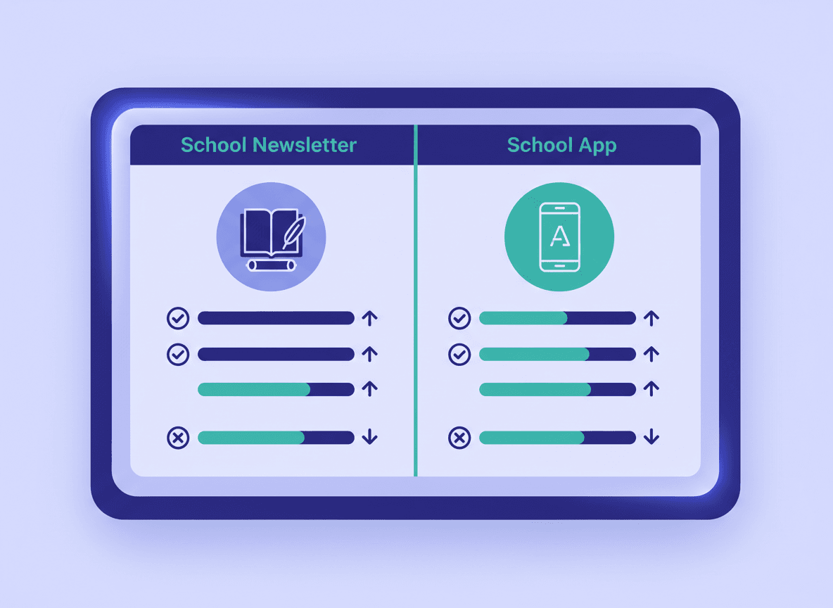 A parent deciding between opening a school app notification or reading a school newsletter email