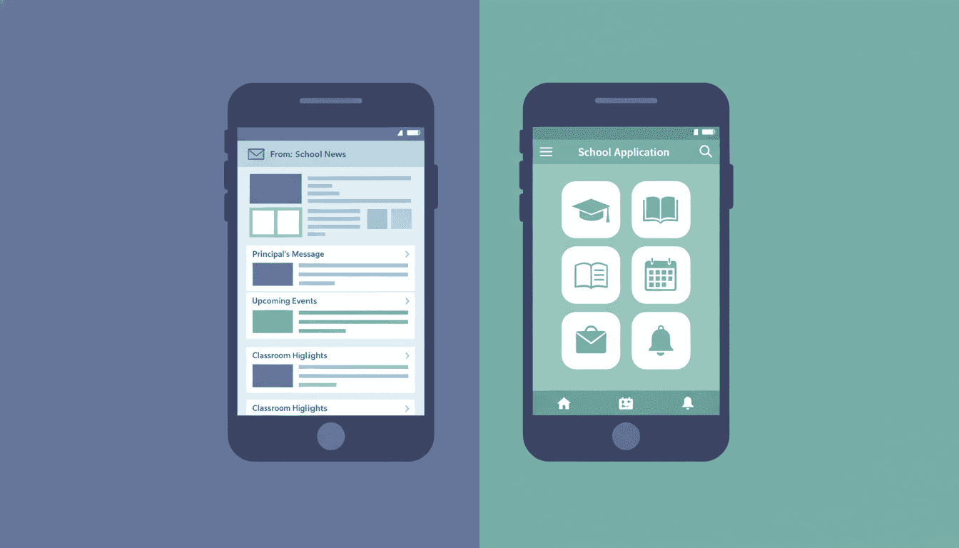 Side-by-side view of a school app notification on a phone and a school newsletter email on a tablet