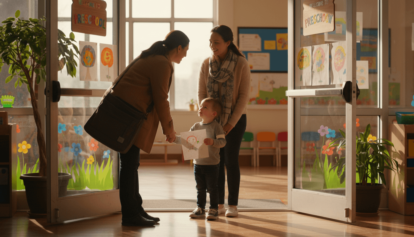 Preschool teacher kneeling to talk with a parent and young child at a colorful classroom door during morning drop-off