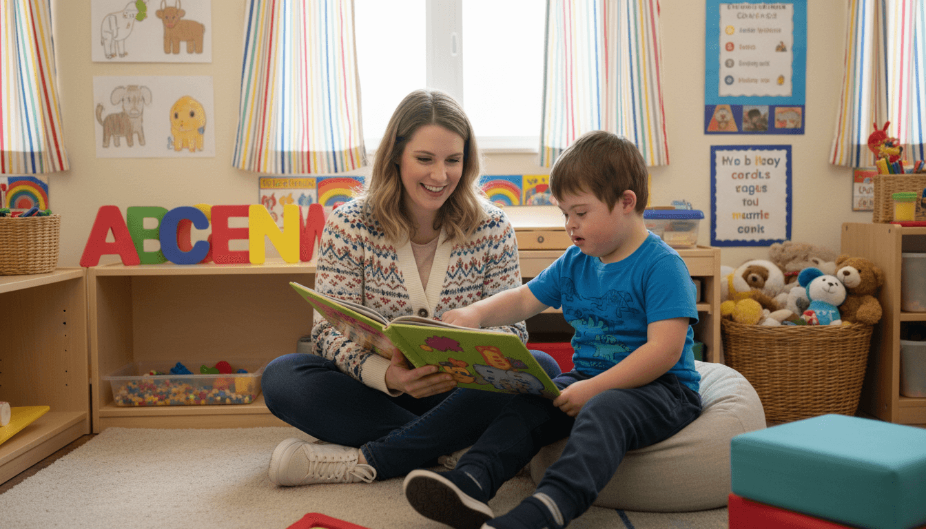 Early childhood special education teacher working one-on-one with a young child using picture cards at a small table in a specialized classroom