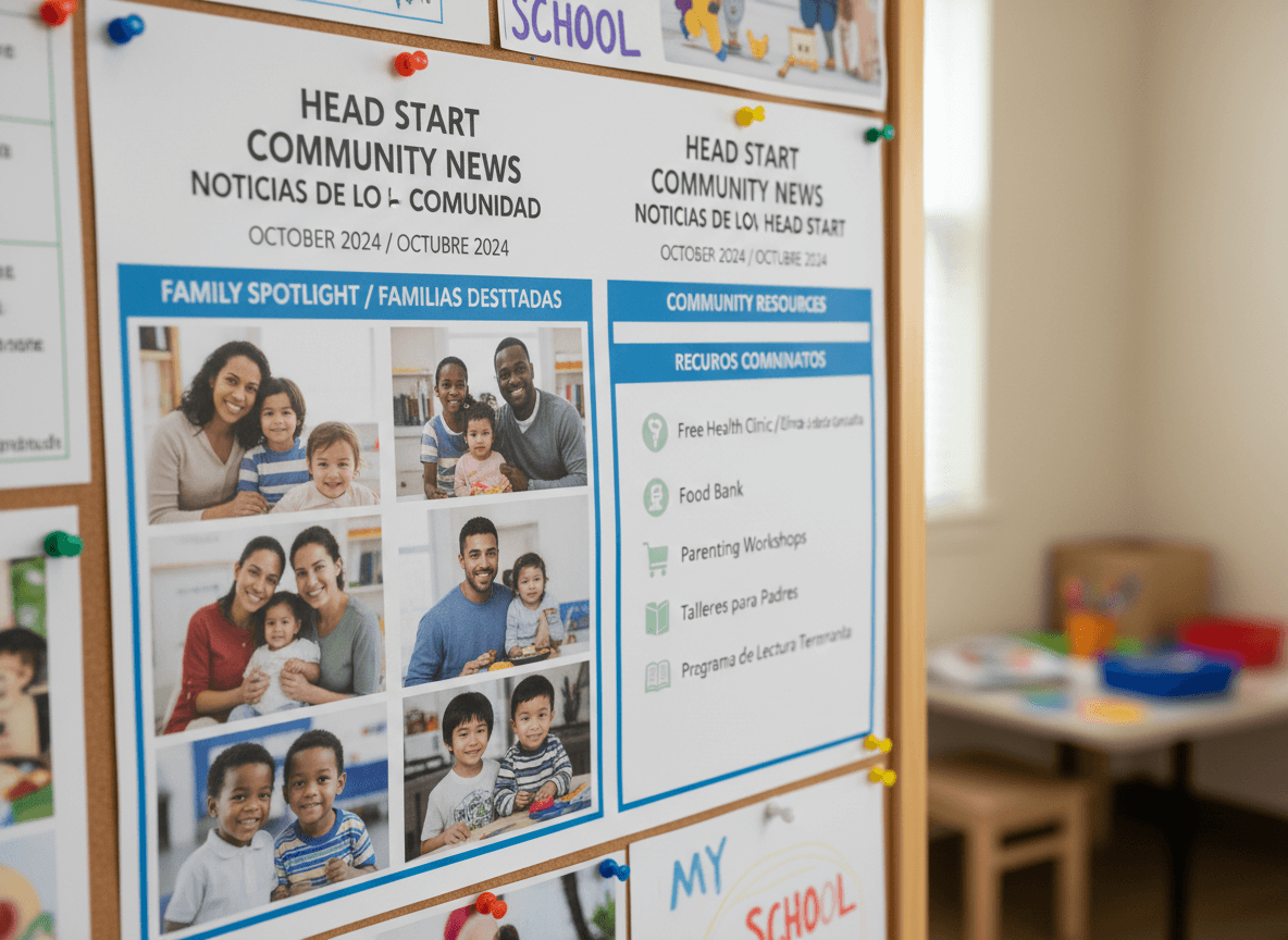 Bilingual Head Start newsletter displayed on a table next to a cup of coffee in a modest family kitchen