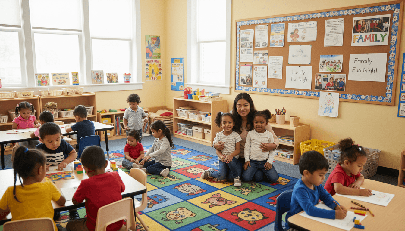 Head Start teacher and parent sitting together reviewing a bilingual family newsletter at a table in the classroom