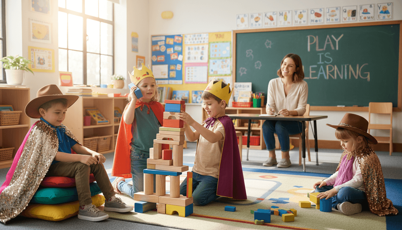 Three preschool children building a tall block tower together on a bright classroom floor, focused and engaged
