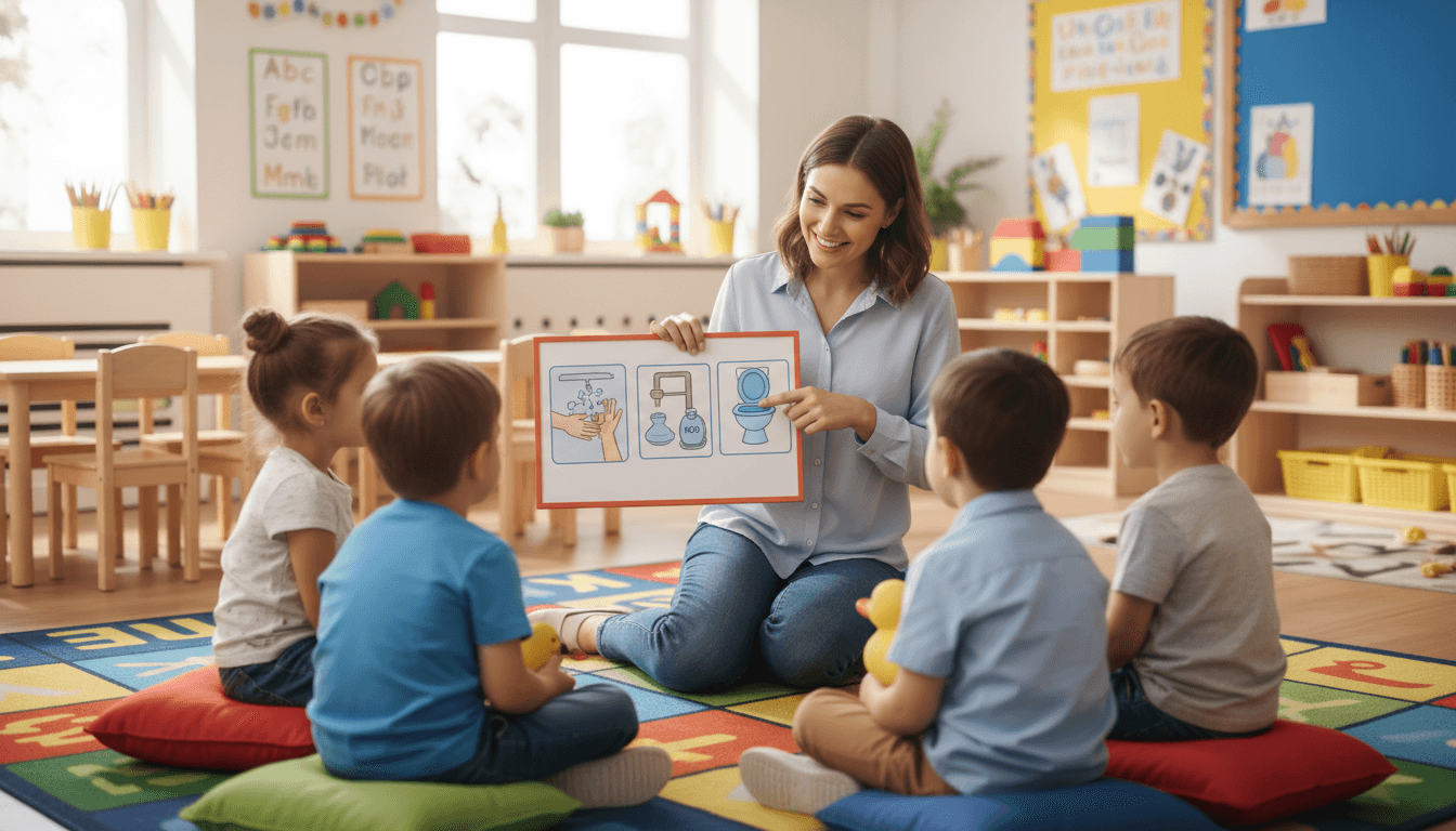 Preschool bathroom with small child-height toilets and colorful hand-washing reminder posters on the wall
