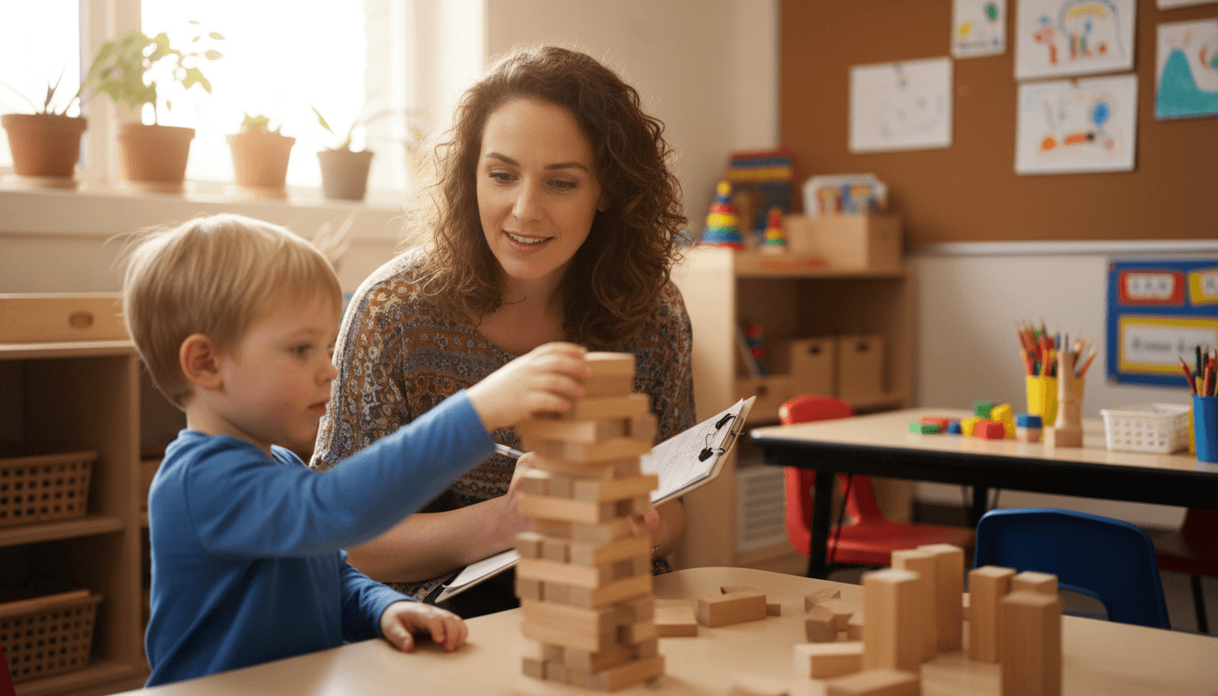 Pre-k teacher sitting on the floor with a small group of children building with blocks, observing developmental skills in a bright classroom
