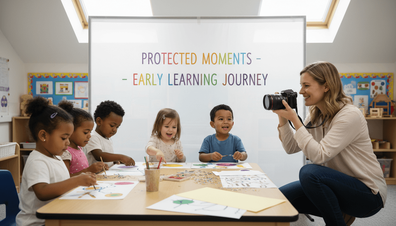 Teacher reviewing a tablet showing a pre-k classroom newsletter with photos, sitting at a desk with student artwork visible on the wall behind her