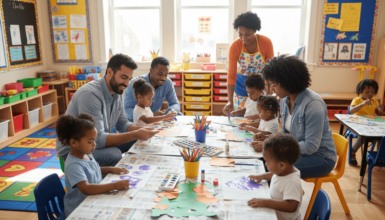 A parent volunteer sitting at a low table with preschool children doing a painting activity in a bright pre-k classroom