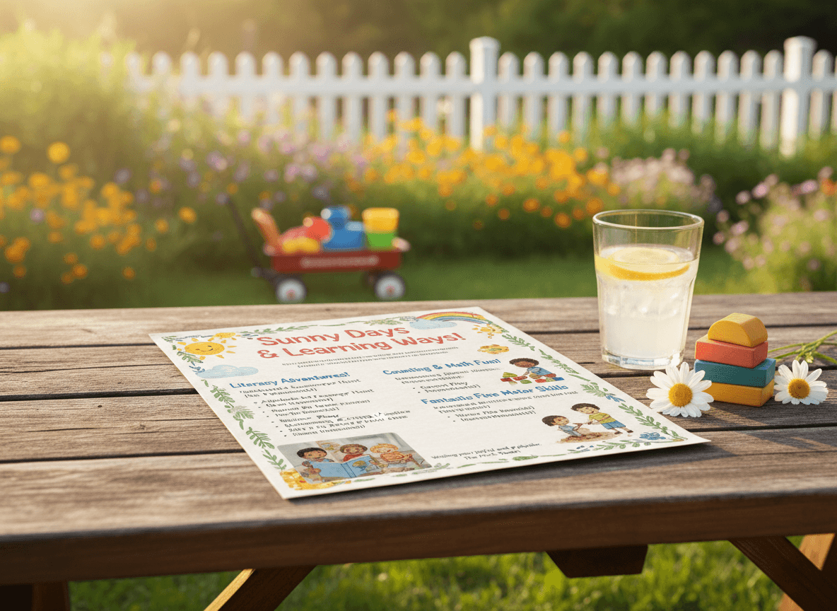 Parent and four year old child reading a picture book together on a porch swing in summer light