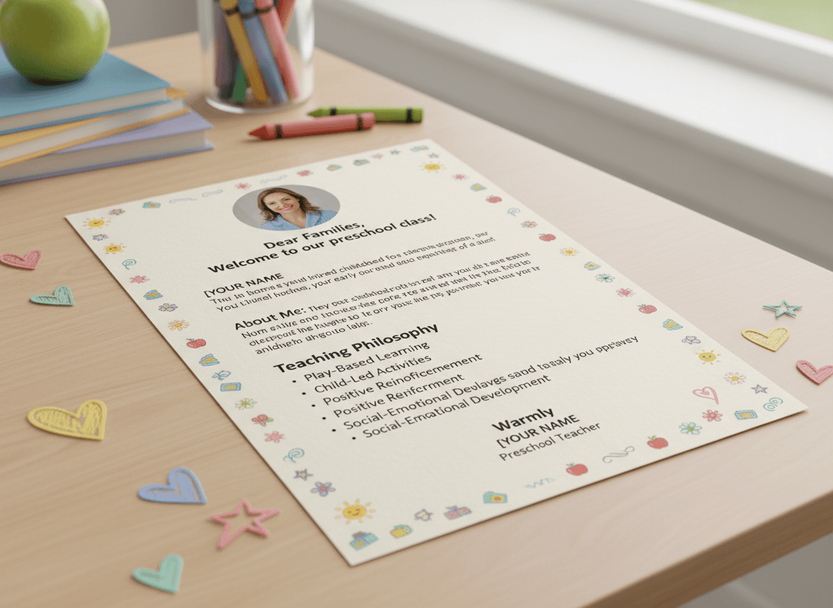 Parent reading a printed teacher introduction letter at a kitchen table, looking engaged and reassured