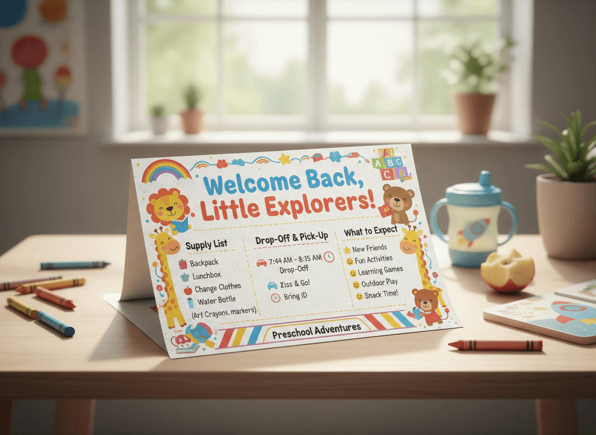 Young child in a backpack standing at a preschool entrance on the first day of school, parent visible nearby