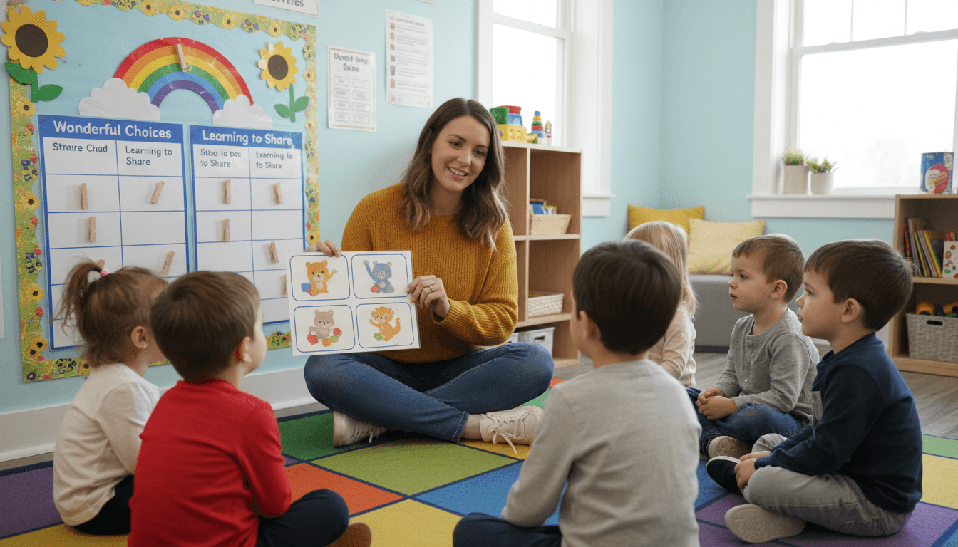 Preschool teacher sitting at eye level with a young child, both looking calm and engaged in a cozy classroom corner with soft lighting