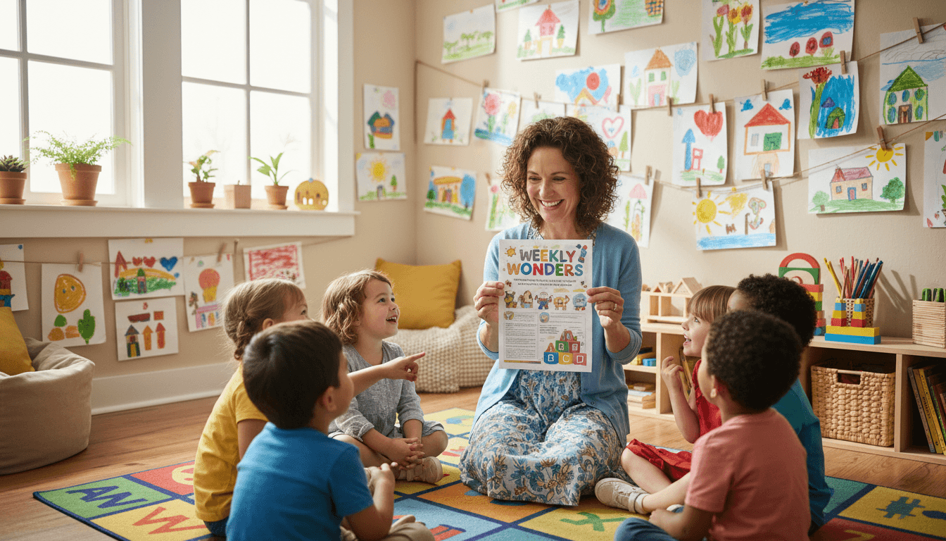 Preschool teacher sitting at a low table writing a classroom newsletter, surrounded by colorful children's artwork pinned to a bulletin board