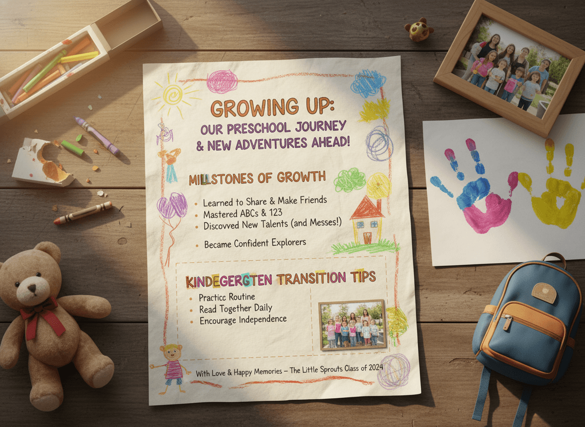 Preschool children's artwork displayed on a bulletin board with a banner reading 'Look How Much We Grew' in colorful letters