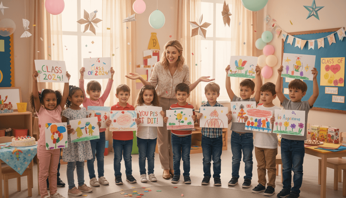 Smiling preschool children in caps and gowns at an end-of-year graduation celebration in a bright classroom