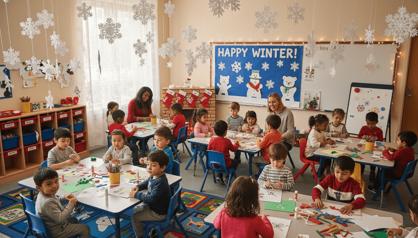 Preschool classroom decorated with fall leaves, snowflakes, and spring flowers representing multiple seasons, children's artwork on the walls