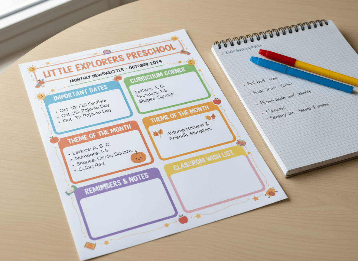 A printed preschool newsletter with bright colors and photos of children doing art and outdoor activities, placed on a family's kitchen table