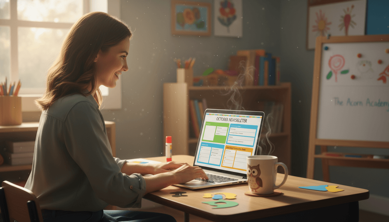Preschool teacher sitting at a small table in a colorful classroom writing notes for a family newsletter, surrounded by children's artwork on the walls