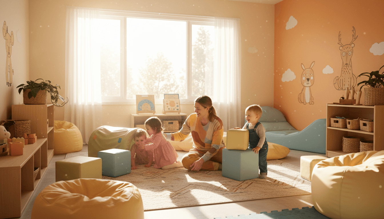 Toddler room daycare teacher photographing children playing with blocks for the classroom newsletter
