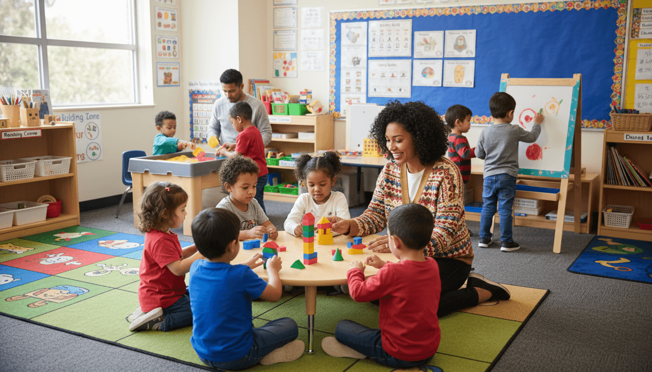 Transitional kindergarten classroom with children seated at small tables doing hands-on activities, bright alphabet posters on the walls