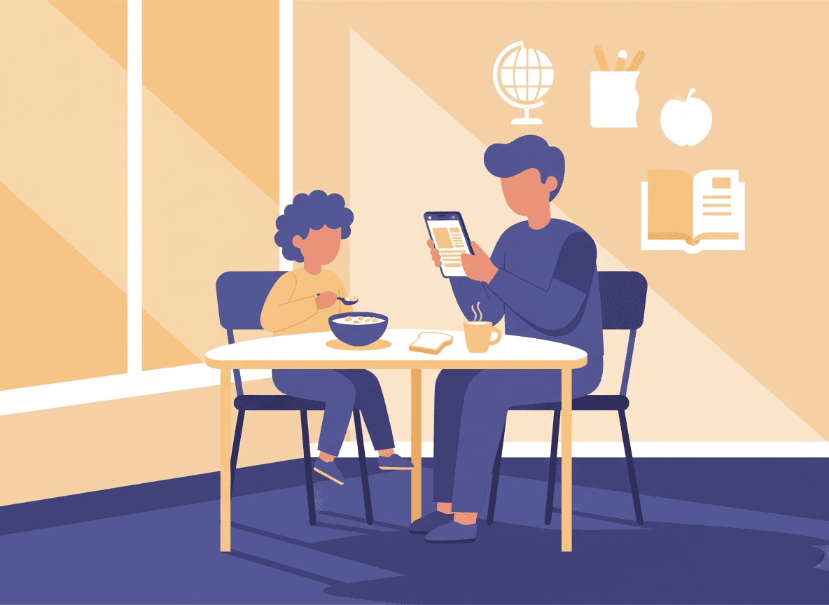 Parent on a phone reading an elementary school newsletter with a young child at the kitchen table