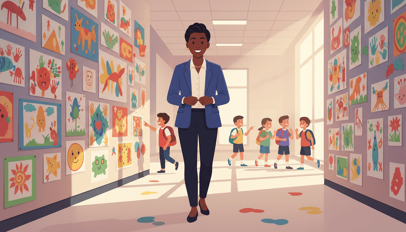 Elementary school principal walking through a bright hallway with colorful student artwork on the walls