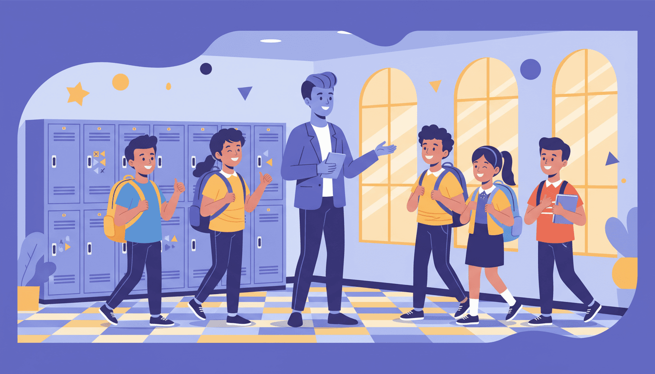 Middle school principal greeting students at the front entrance of a school building in the morning