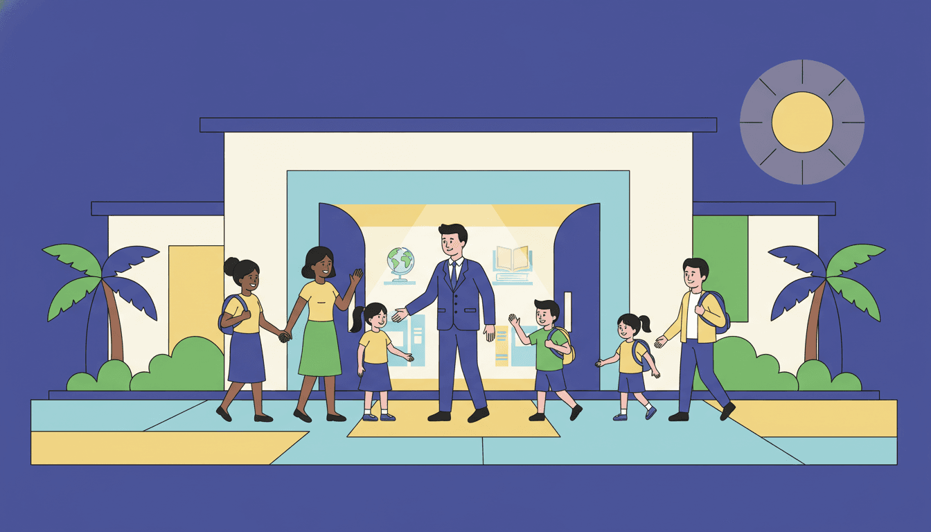 New principal shaking hands with a parent in a school hallway while smiling at a child nearby