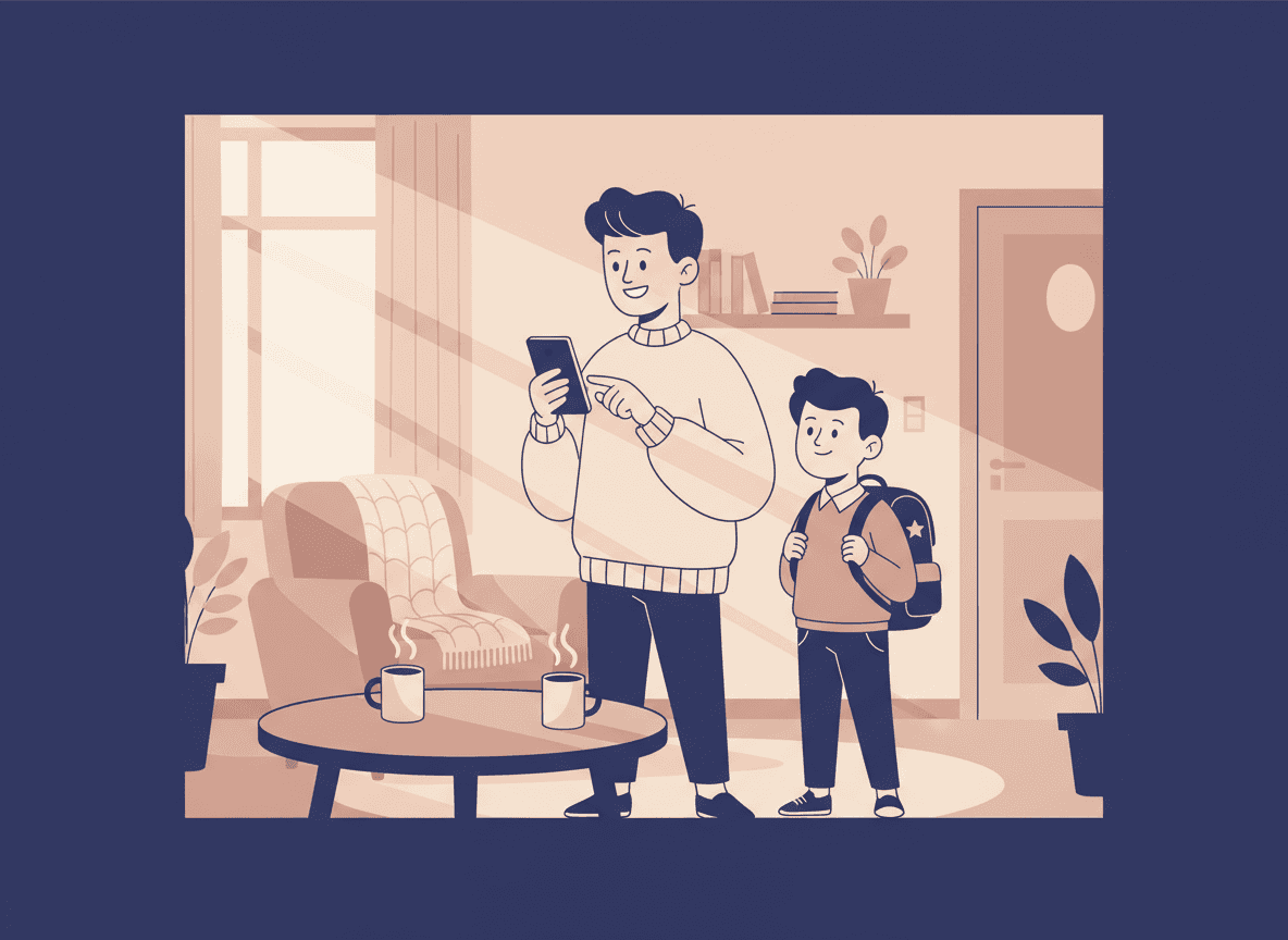 Parent reading a school newsletter on a smartphone, smiling, with a child nearby with a backpack