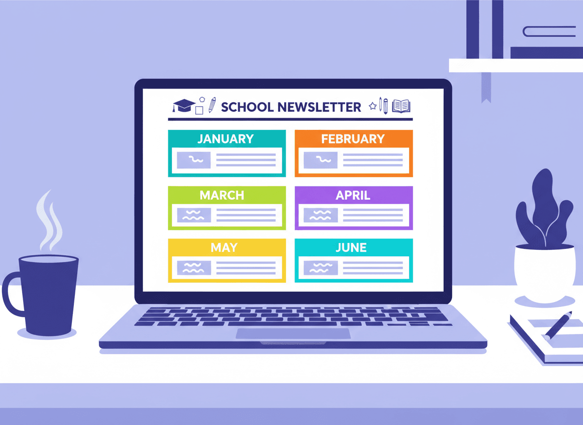 A school newsletter displayed on a laptop screen showing monthly calendar sections and principal message