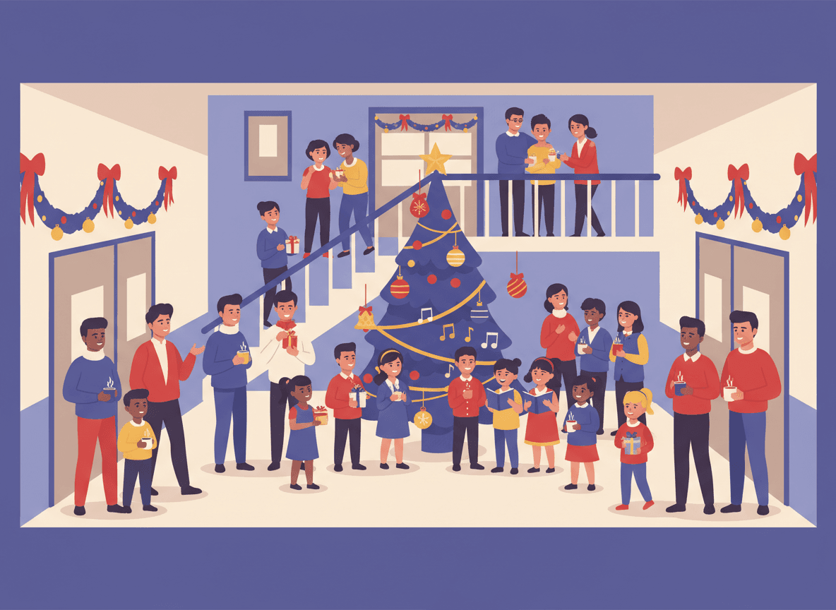 Family reading a school newsletter on a tablet together near a decorated tree