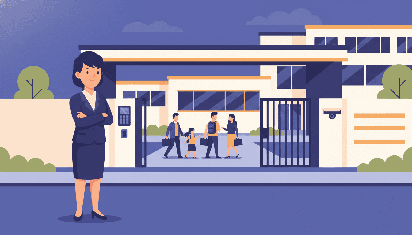 School principal standing at a secure school entrance with a calm, confident expression, families visible in the background