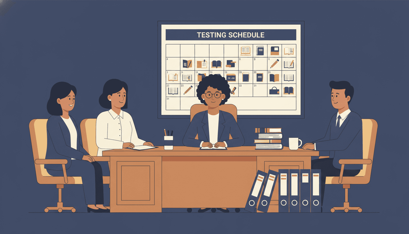 School principal meeting with teachers in a calm professional setting, test schedules and calendars visible