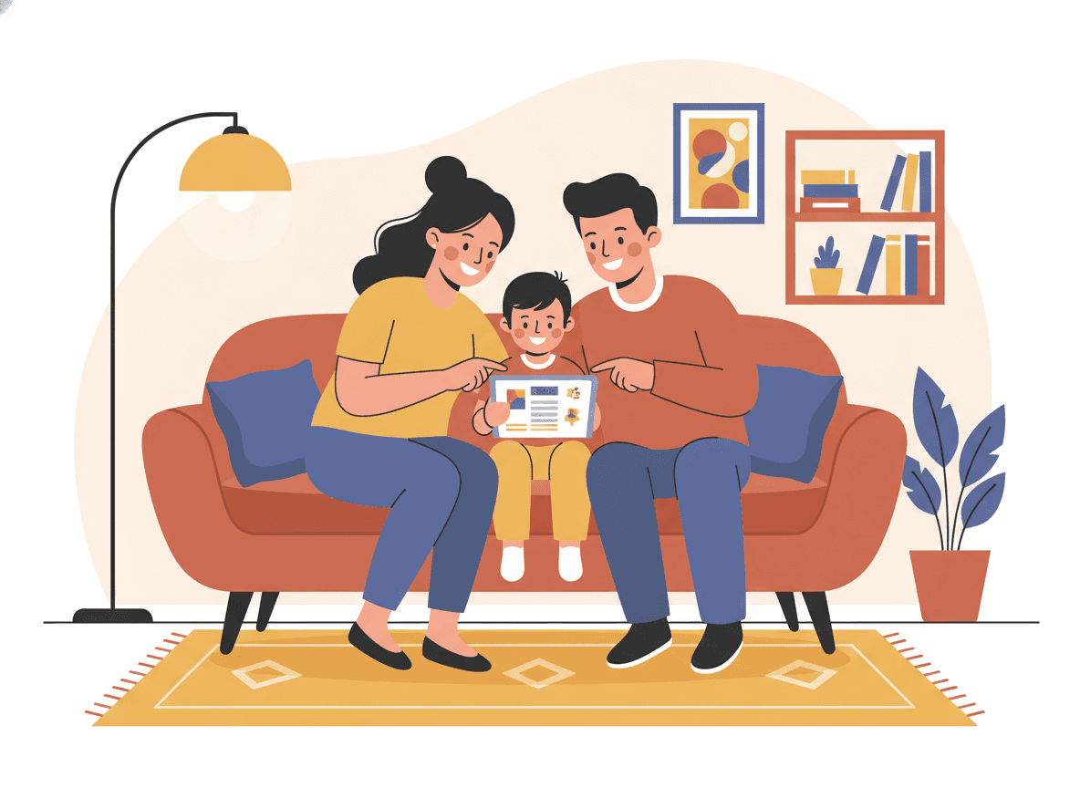 Family of three sitting together reading a school welcome letter on a tablet, looking engaged