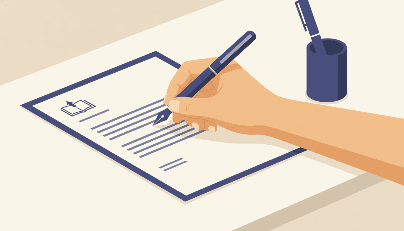 Close-up of a principal's hand writing a welcome letter at a desk, school logo visible on letterhead