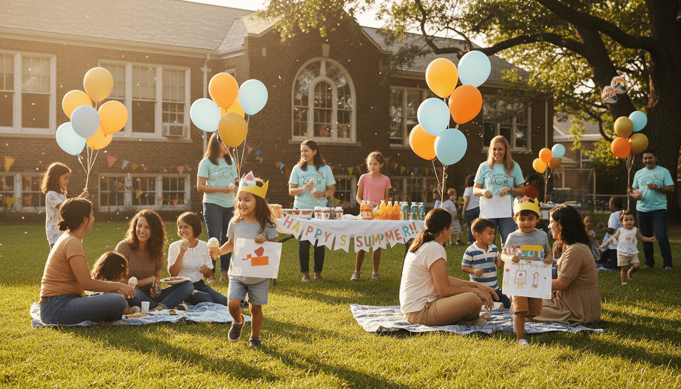 PTA families celebrating at a school end-of-year event with students and colorful decorations