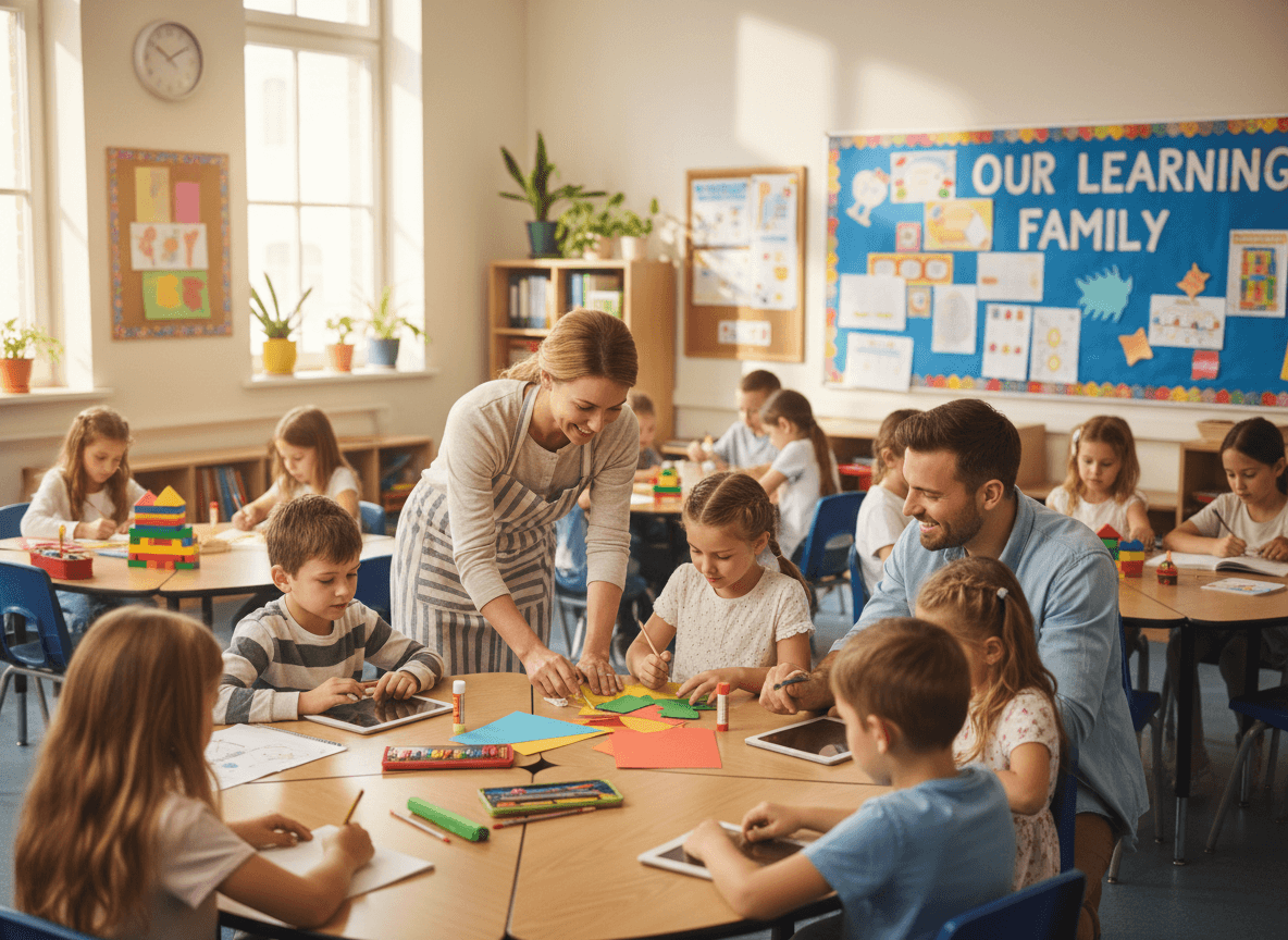 Newsletter volunteer section showing specific roles and time commitments for school families