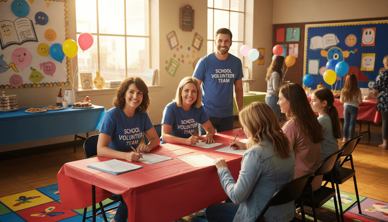 School PTA volunteers setting up an event while reviewing a volunteer sign-up sheet