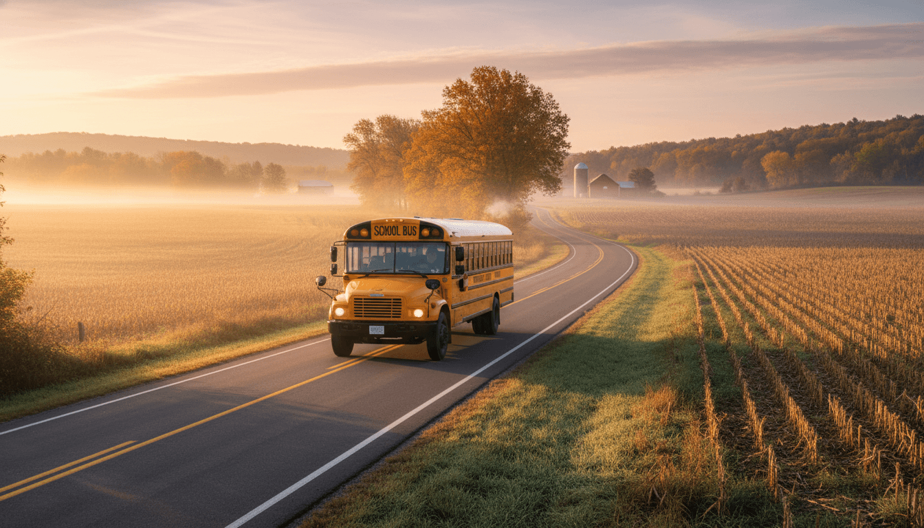 Yellow school bus driving down a rural road with farmland on either side