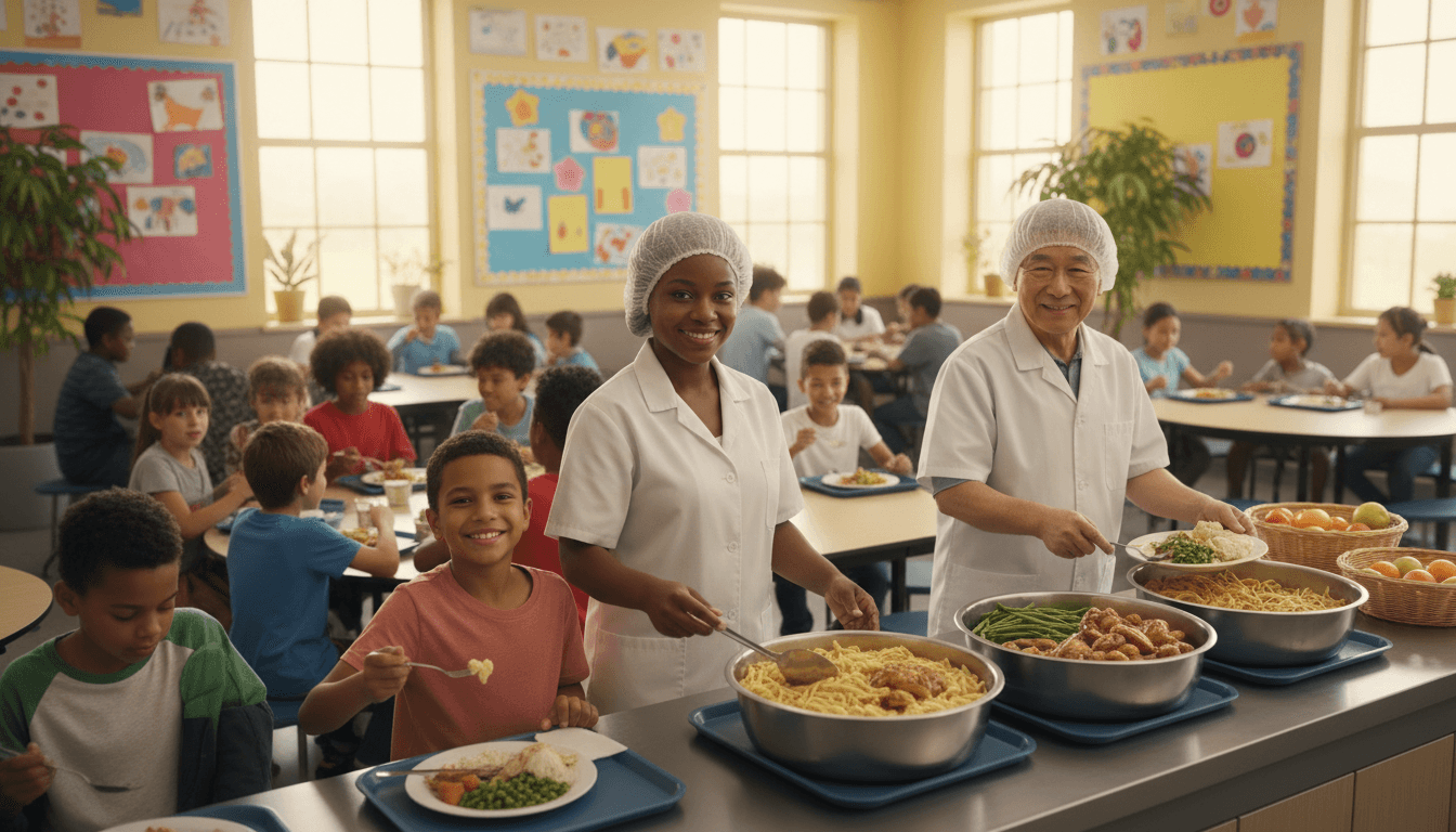 School cafeteria with students eating lunch, representing meal program communication for families